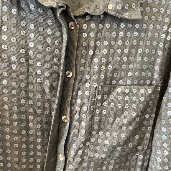 Maeve Anthropologie Blouse Size Med Sequined Olive Green Buttoned Shirt Chic - Picture 6 of 14